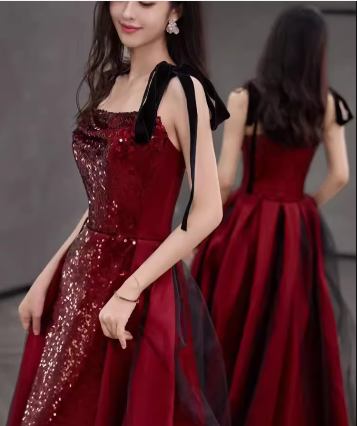 Simple A Line Burgundy Sequin Long Prom Dresses C100