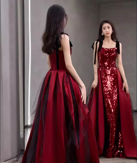 Simple A Line Burgundy Sequin Long Prom Dresses C100