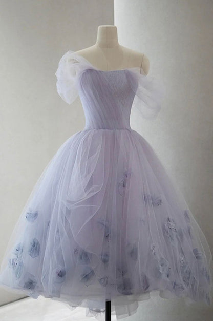 Robe de soirée florale vintage en tulle violet clair haut bas C1018