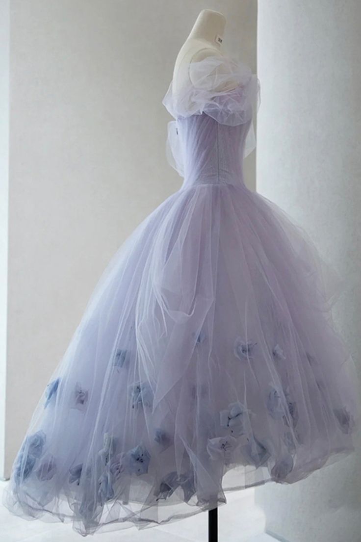 Robe de soirée florale vintage en tulle violet clair haut bas C1018