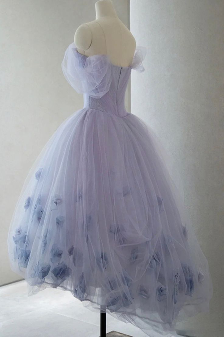 Robe de soirée florale vintage en tulle violet clair haut bas C1018