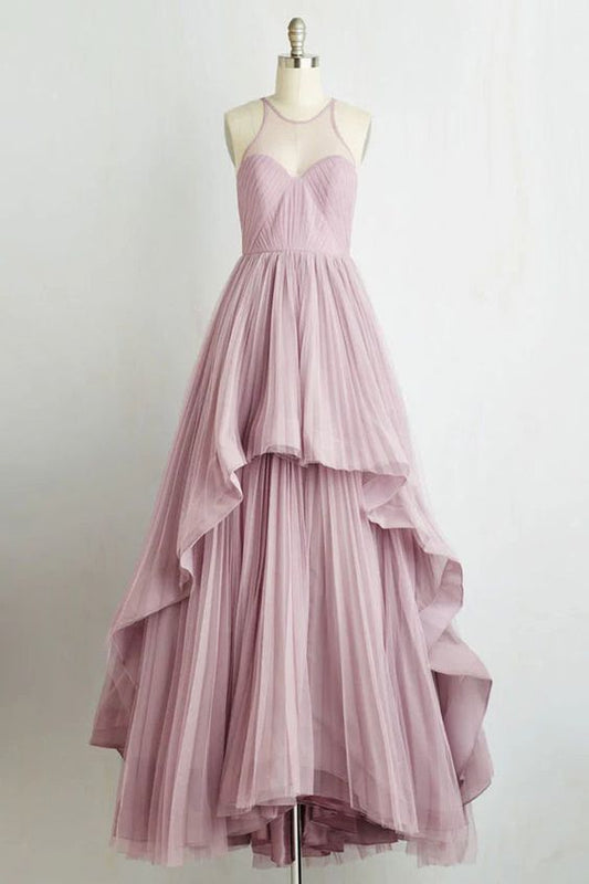 A Line Sleeveless Sheer Back Long Prom Dresses C1019