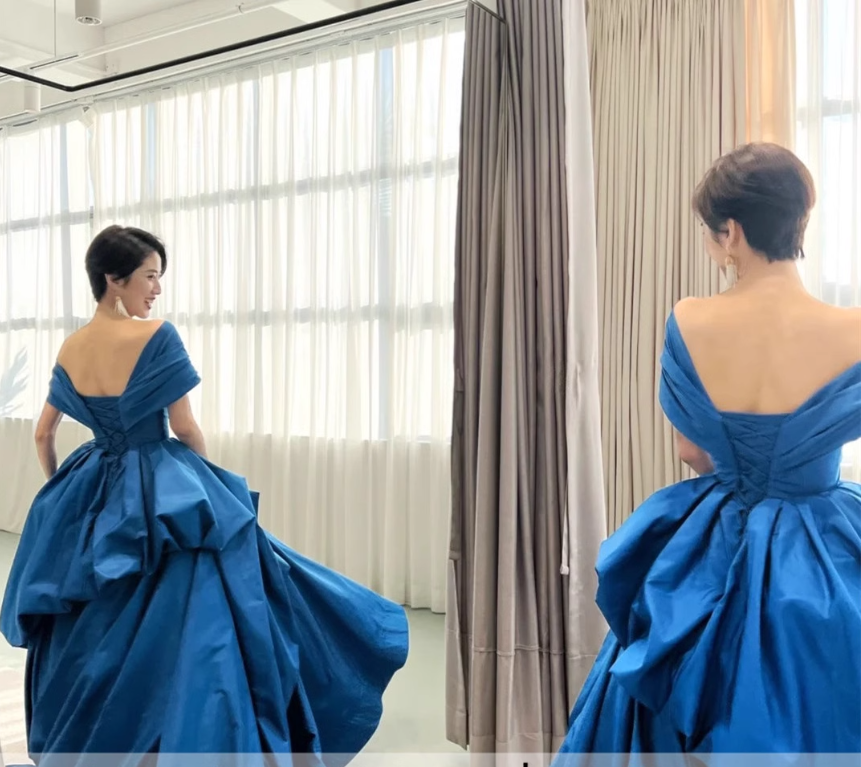 Simple Ball Gown Royal Blue Satin Long Prom Dresses C101