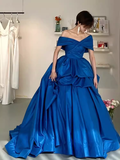 Simple Ball Gown Royal Blue Satin Long Prom Dresses C101