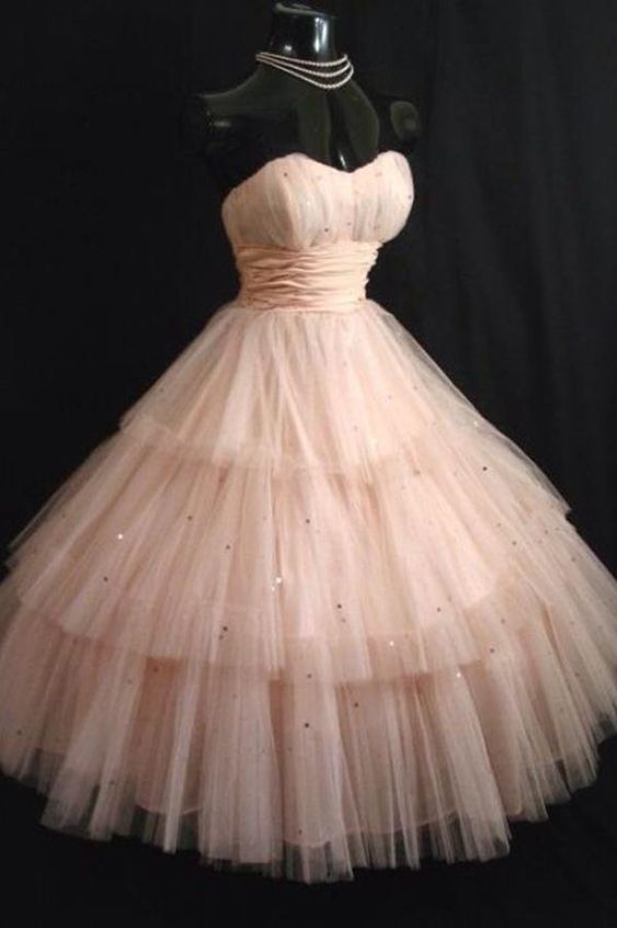 Robe de soirée courte en Tulle rose sans bretelles, longueur thé, Vintage, C1023