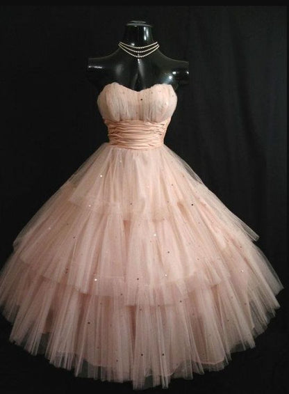 Robe de soirée courte en Tulle rose sans bretelles, longueur thé, Vintage, C1023