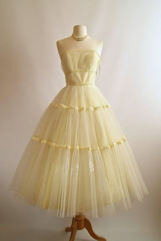 Vintage 50s Vintage Yellow Homecoming Dresses Tea Length Homecoming Dress C1027