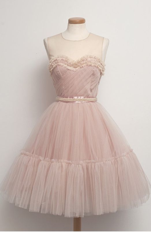 Vintage 50s Blush Pink A-line Hoco Gown With Layered Tulle Skirt Homecoming Dress C1028