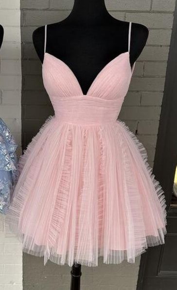 A line V-neck Tulle Homecoming Dress with Ruched Bodice and Ruffle Embellishments C1037