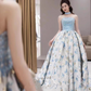 Simple Ball Gown Blue Satin Floral Long Prom Dresses C103