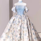 Simple Ball Gown Blue Satin Floral Long Prom Dresses C103