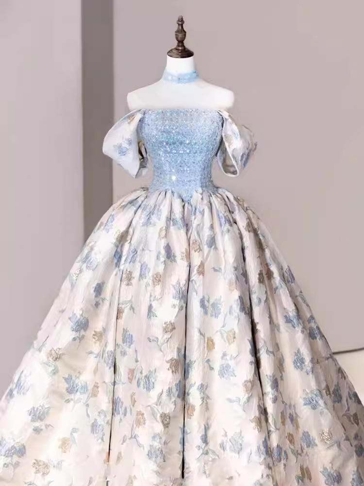 Robe de bal simple bleu Satin Floral longues robes de bal C103