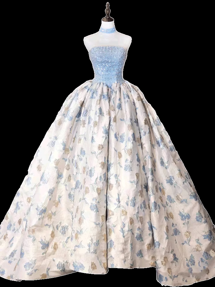 Robe de bal simple bleu Satin Floral longues robes de bal C103