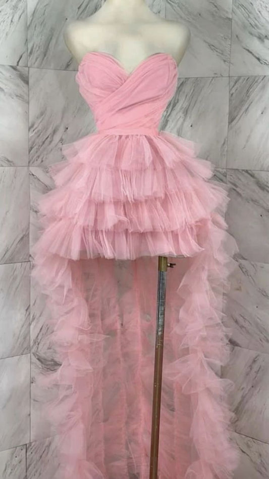 High Low Sweetheart Sleeveless Tulle Pink Long Prom Dresses C1044