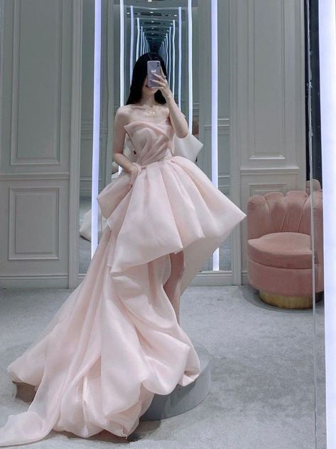 Robe de bal rose en organza sans manches, simple, haute, basse, chérie, C1046