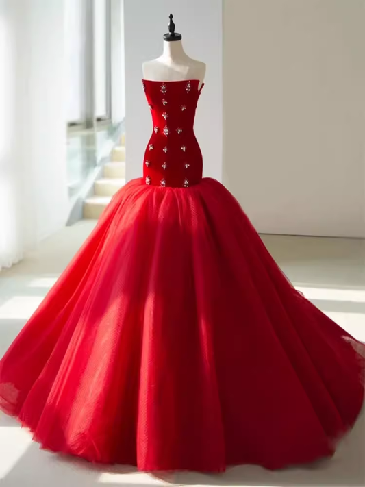 Simple Mermaid Red Tulle Long Prom Dresses C104