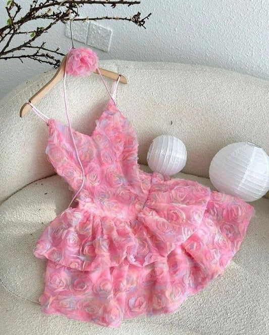 A Line Spaghetti Straps Pink Short Flowers Homecoming Dresses Hoco Dress C1051