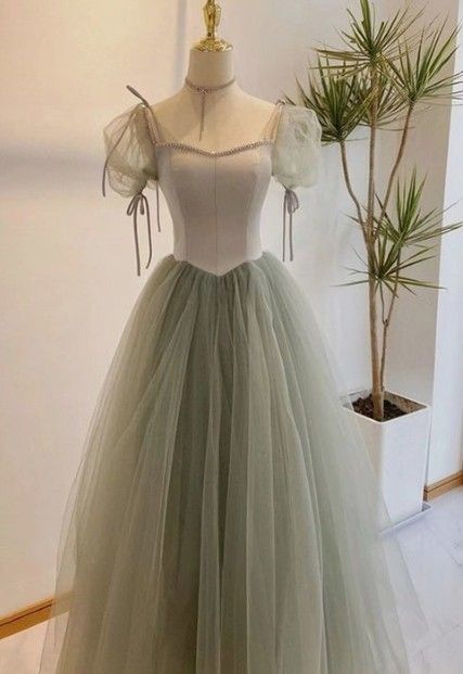 A line Short Sleeves Green Satin Tulle Long Prom Dress C1056