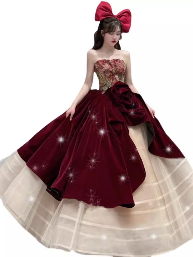 Robe de bal simple sans bretelles en tulle rouge longues robes de bal C105