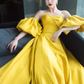 Simple Ball Gown Strapless Yellow Satin Long Prom Dresses C106