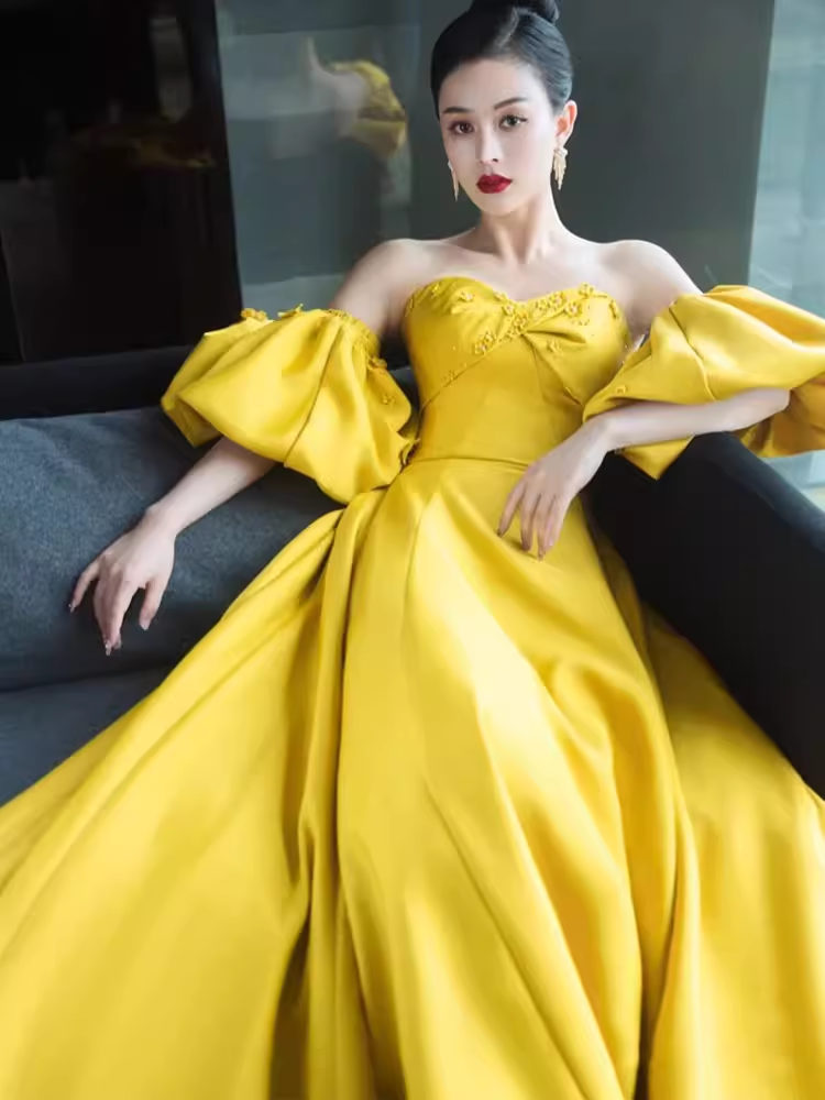 Simple Ball Gown Strapless Yellow Satin Long Prom Dresses C106