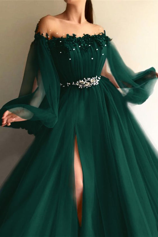 Chic Off-the-Shoulder Long Sleeves Elegant Prom Dress With Beads C1070