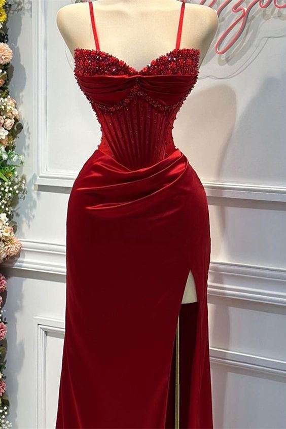 Chic Sheath Spaghetti Straps Long Satin Elegant Red Prom Dress With Beads C1071