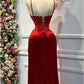 Chic Sheath Spaghetti Straps Long Satin Elegant Red Prom Dress With Beads C1071