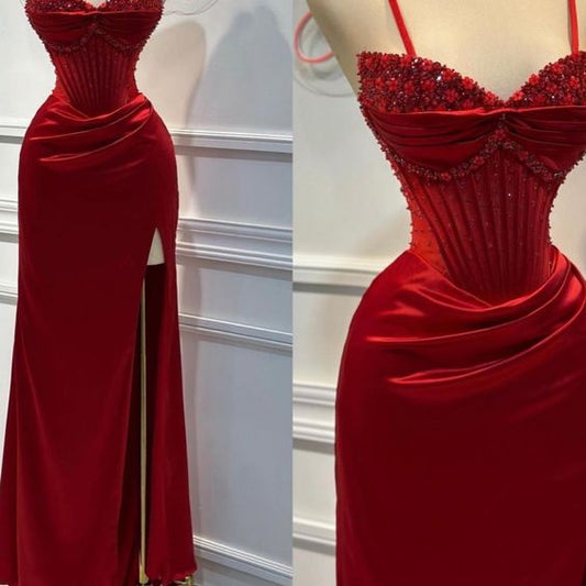 Chic Sheath Spaghetti Straps Long Satin Elegant Red Prom Dress With Beads C1071