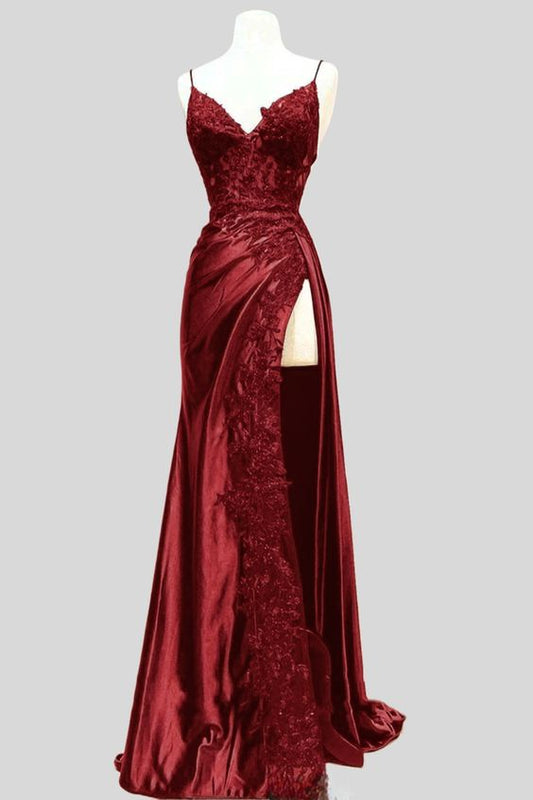 Chic Appliques Mermaid Long Red Slit Prom Dres With Lace C1072