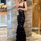 Mermaid Straps Black Tulle Beads Long Prom Dress C1073