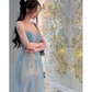 A Line Scoop Neckline Sleeveless Lace Blue Prom Dress C1074