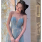 A Line Scoop Neckline Sleeveless Lace Blue Prom Dress C1074