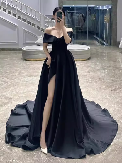 Robe de bal longue en Satin noir, ligne A, épaules dénudées, Simple, C107