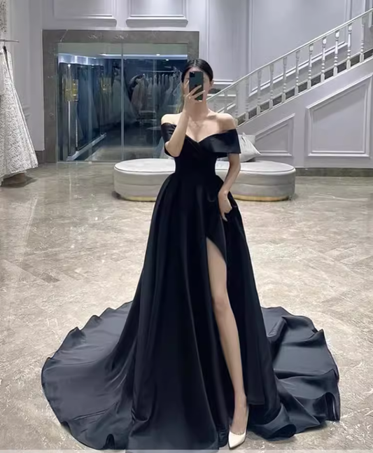 Simple A line Off The Shoulder Satin Black Long Prom Dresses C107