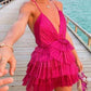 Unique Hot Pink Pleated V-neck Homecoming Dresses With Ruffle Skirt C1080