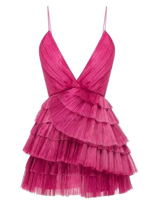 Robes de soirée plissées rose vif, col en V, uniques, avec jupe à volants, C1080