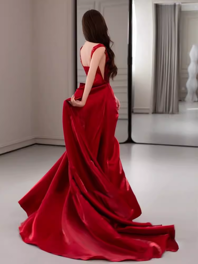 Simple Sheath Off The Shoulder Satin Red Long Prom Dresses C108