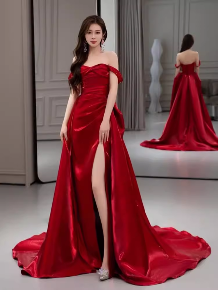 Simple Sheath Off The Shoulder Satin Red Long Prom Dresses C108