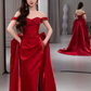 Simple Sheath Off The Shoulder Satin Red Long Prom Dresses C108