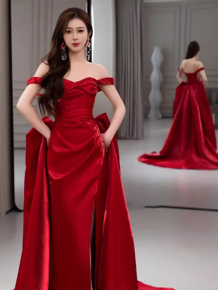 Simple Sheath Off The Shoulder Satin Red Long Prom Dresses C108