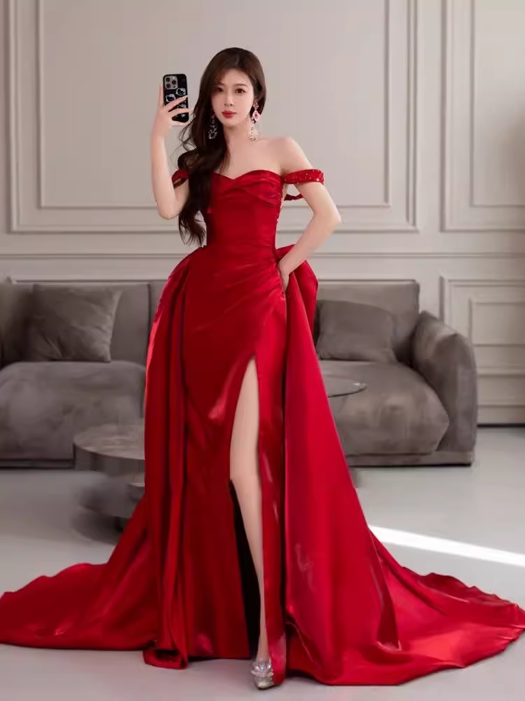 Simple Sheath Off The Shoulder Satin Red Long Prom Dresses C108