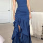 Sexy A line Strapless Satin Navy Blue Long Prom Dresses With Ruffles C1093