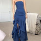 Sexy A line Strapless Satin Navy Blue Long Prom Dresses With Ruffles C1093