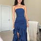 Sexy A line Strapless Satin Navy Blue Long Prom Dresses With Ruffles C1093