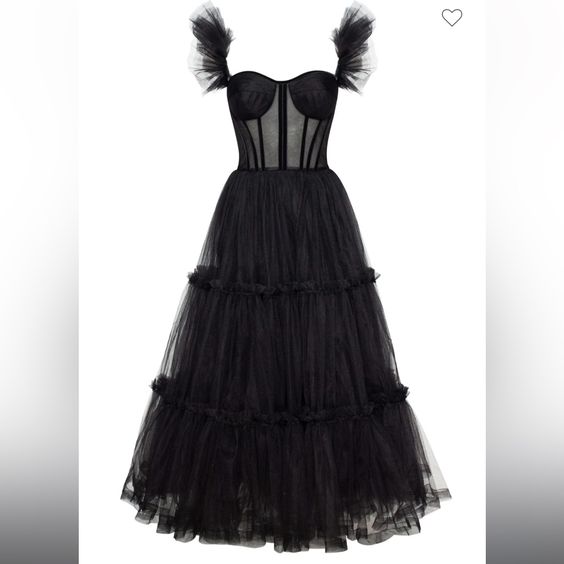 Sexy A line Straps Tulle Black Prom Dresses With Ruffles C1096