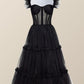 Sexy A line Straps Tulle Black Prom Dresses With Ruffles C1096