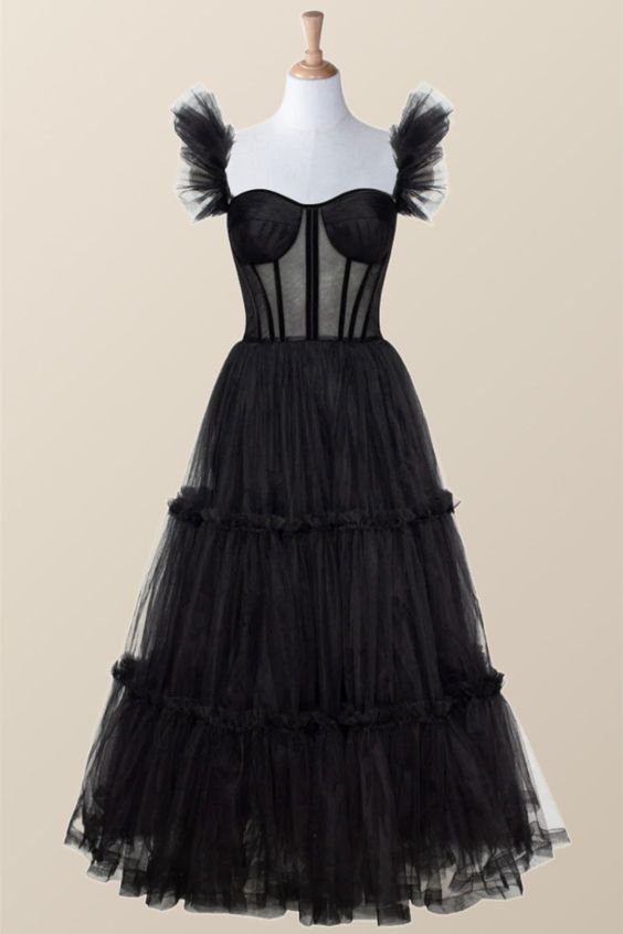 Sexy A line Straps Tulle Black Prom Dresses With Ruffles C1096