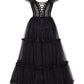 Sexy A line Straps Tulle Black Prom Dresses With Ruffles C1096