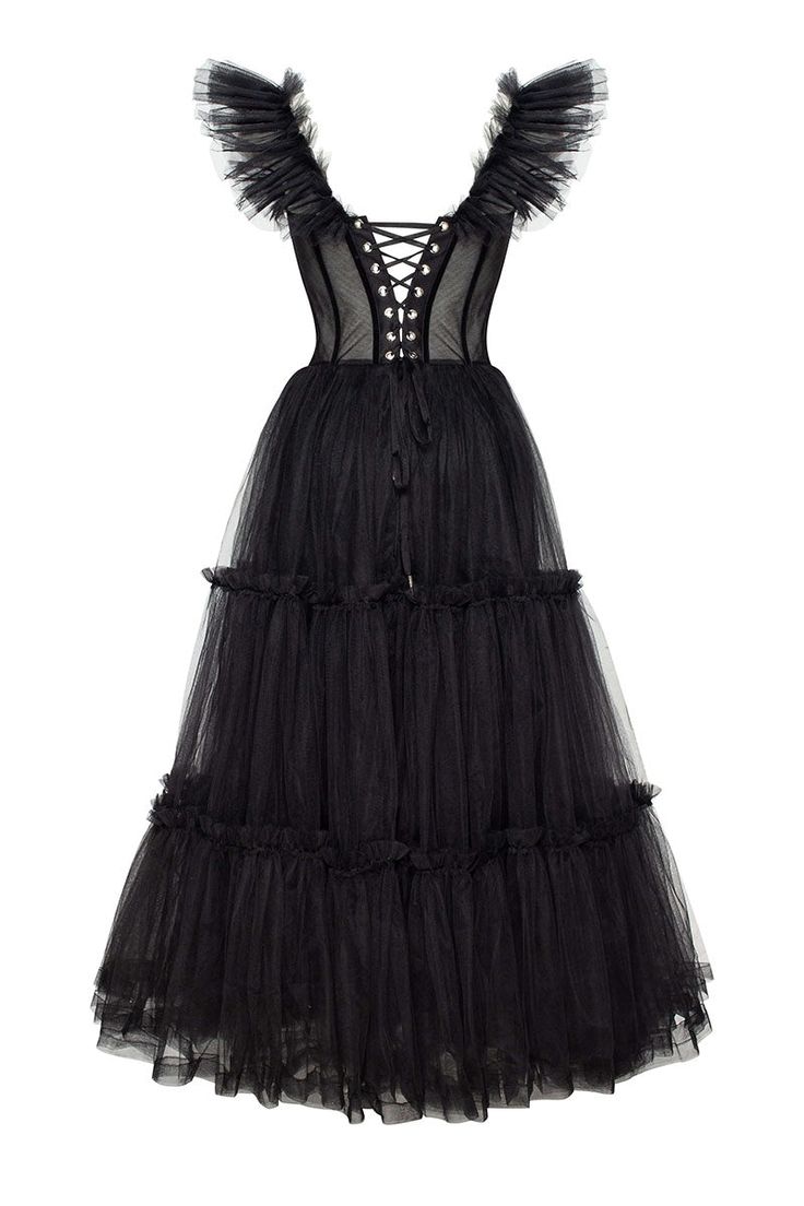 Sexy A line Straps Tulle Black Prom Dresses With Ruffles C1096